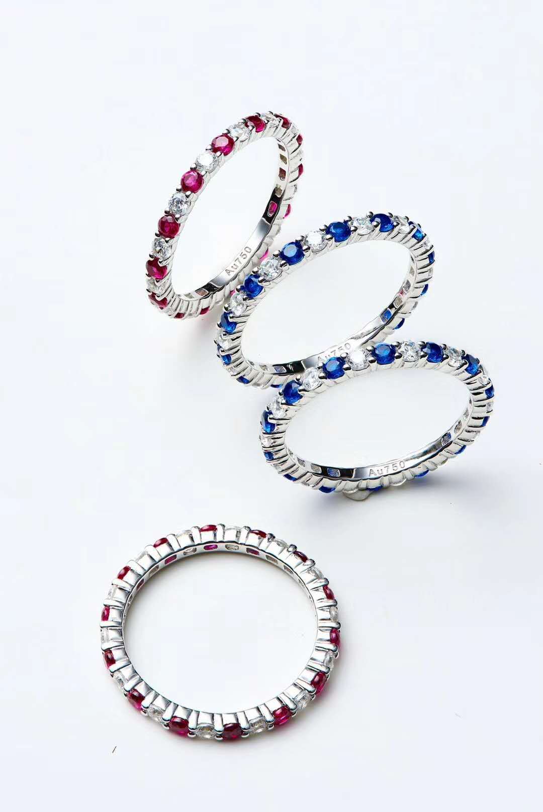 Imported 5A high carbon diamond natural red sapphire row diamond vice ring diamond ring 925 silver plated platinum stacking ring