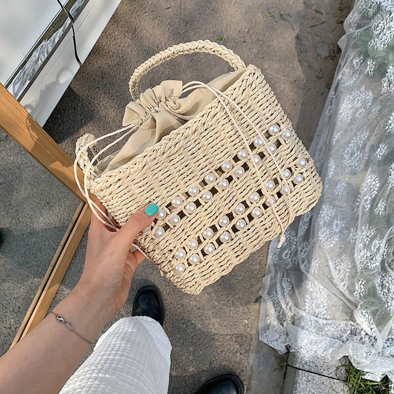 Fashion Messenger Bag Women Casual Western Style One-shoulder Pearl Straw Woven Bag