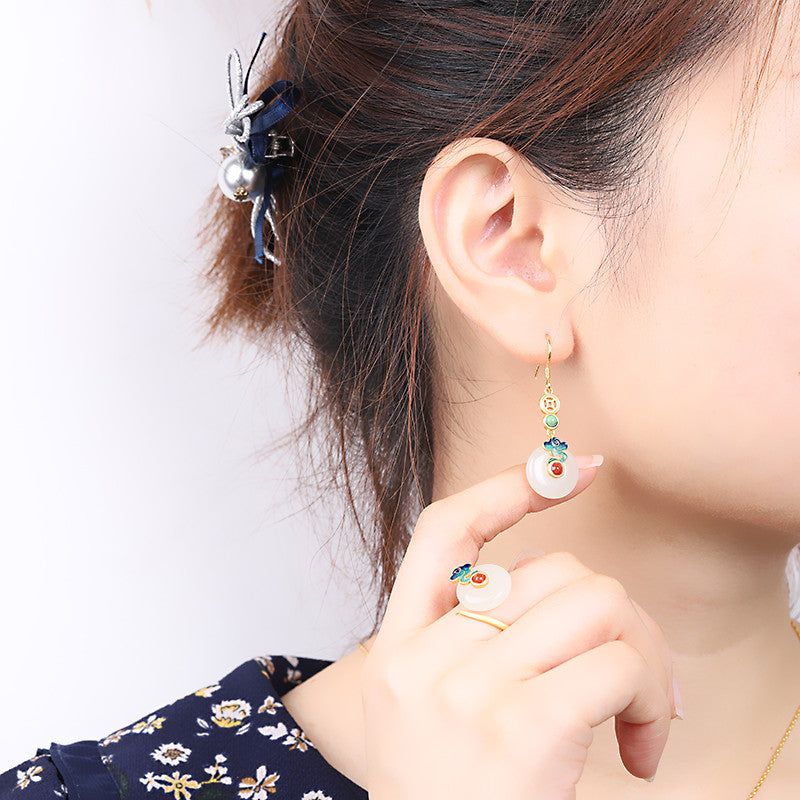 Hetian Jade Safe Buckle Earrings Pendant Ring Retro Set