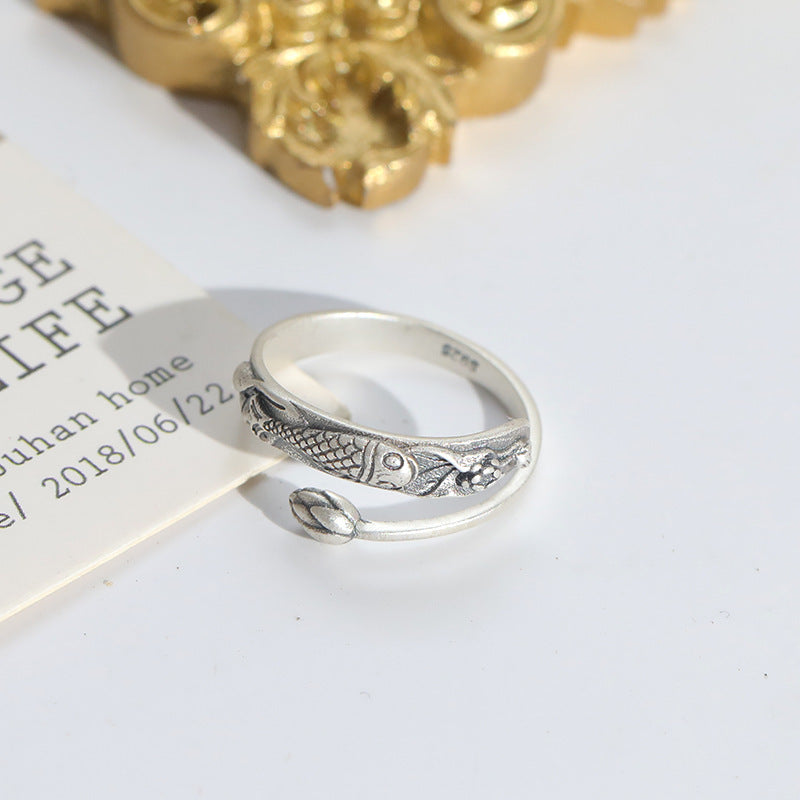 Personality Temperament Chinese Style Lotus Carp S925 Silver Ring Ethnic Style Carved Hand Ornaments Men And Women Open Ring
