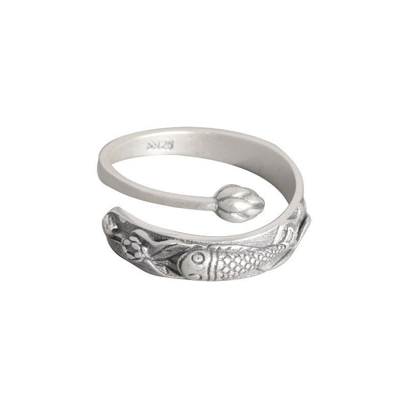 Personality Temperament Chinese Style Lotus Carp S925 Silver Ring Ethnic Style Carved Hand Ornaments Men And Women Open Ring