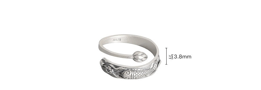 Personality Temperament Chinese Style Lotus Carp S925 Silver Ring Ethnic Style Carved Hand Ornaments Men And Women Open Ring