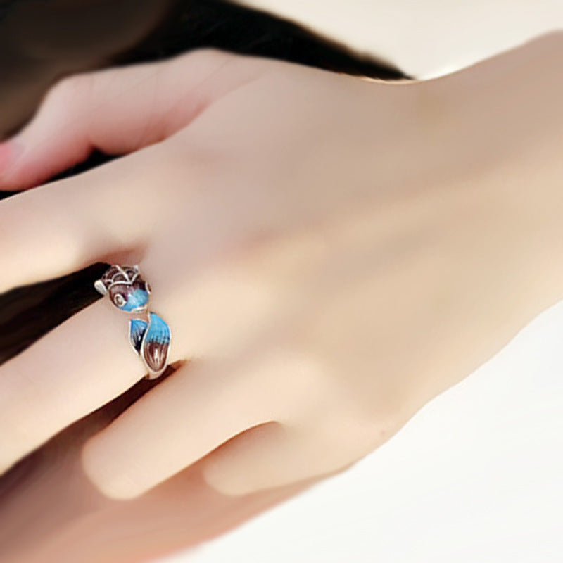 Chinese Style Colorful Blue Opening Adjustable Fish Leaping Dragon Gate Auspicious Wishful Ring