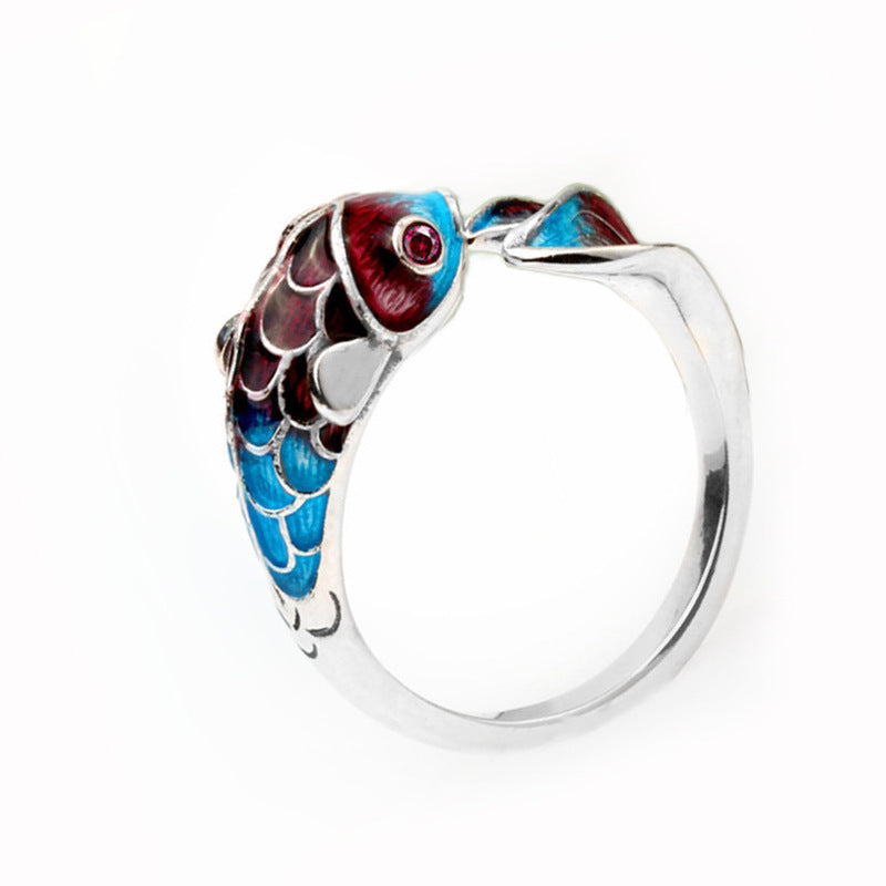 Chinese Style Colorful Blue Opening Adjustable Fish Leaping Dragon Gate Auspicious Wishful Ring