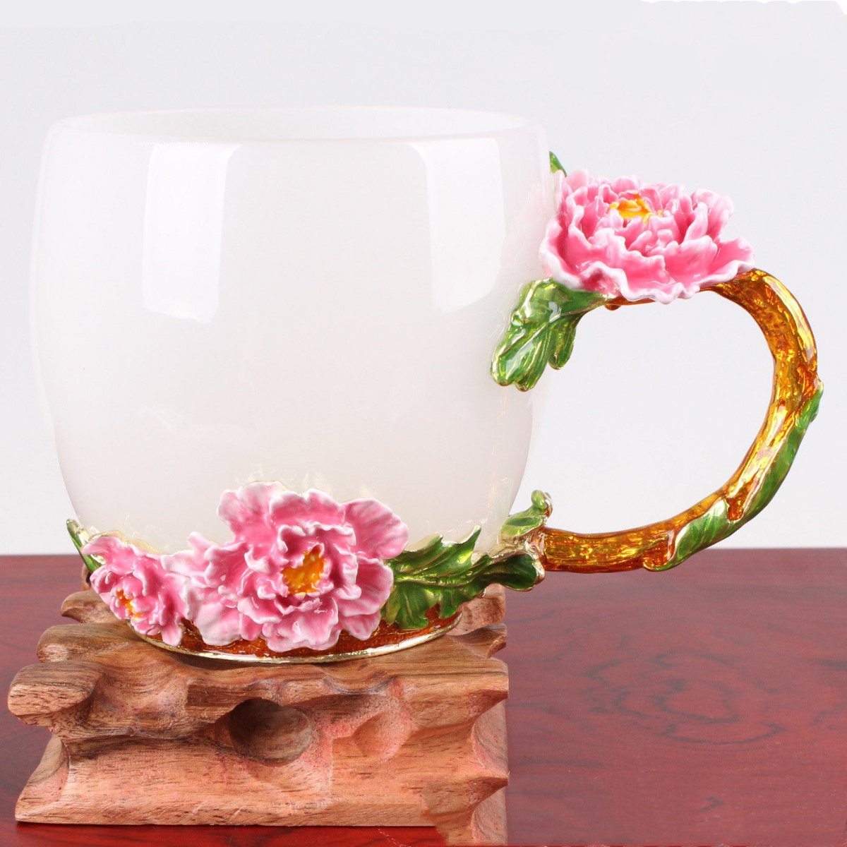 Enamel Colored 3D Peony Flower Jade Porcelain Glass Cup-4