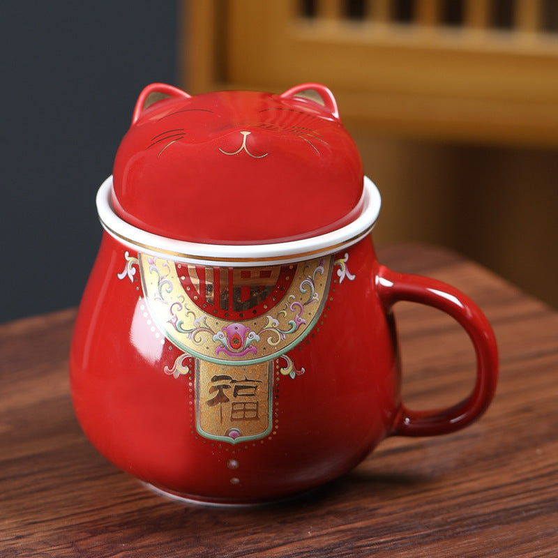 Tea Water Separation Mug Fortune Cat Tea Cup With Lid Coffee Mug-2