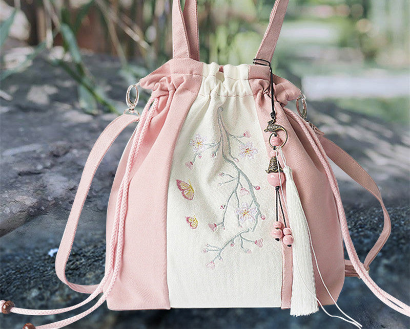 Chinese element retro style Hanfu bag female large-capacity one-shoulder messenger canvas bag cotton and linen embroidered backpack