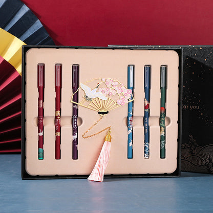 Vintage Exquisite Hollow Folding Fan Metal Bookmark Set Exquisite Tassel Chinese Style Crane Gel Gel Black Fountain Pen