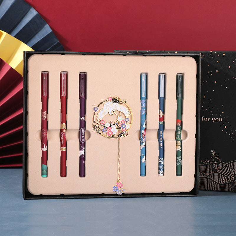 Vintage Exquisite Hollow Folding Fan Metal Bookmark Set Exquisite Tassel Chinese Style Crane Gel Gel Black Fountain Pen