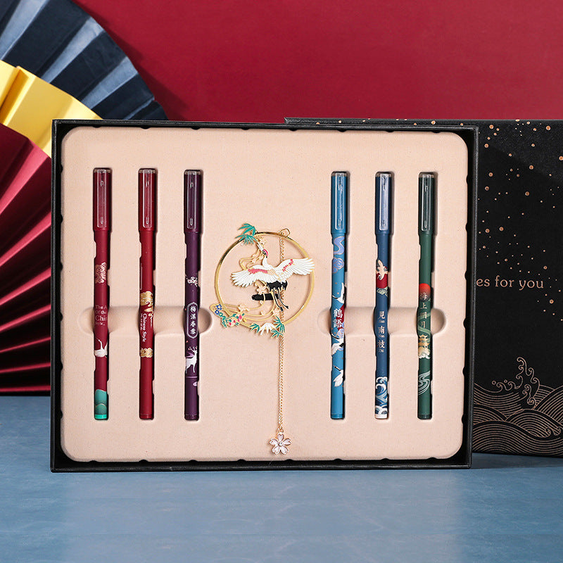 Vintage Exquisite Hollow Folding Fan Metal Bookmark Set Exquisite Tassel Chinese Style Crane Gel Gel Black Fountain Pen