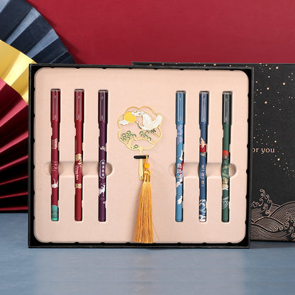 Vintage Exquisite Hollow Folding Fan Metal Bookmark Set Exquisite Tassel Chinese Style Crane Gel Gel Black Fountain Pen