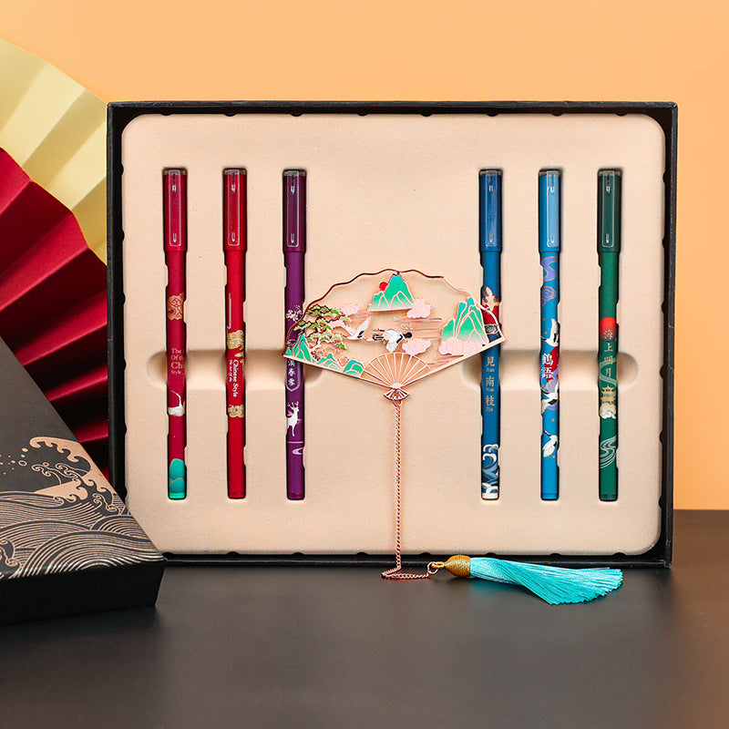 Vintage Exquisite Hollow Folding Fan Metal Bookmark Set Exquisite Tassel Chinese Style Crane Gel Gel Black Fountain Pen