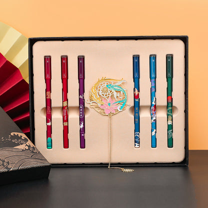 Vintage Exquisite Hollow Folding Fan Metal Bookmark Set Exquisite Tassel Chinese Style Crane Gel Gel Black Fountain Pen