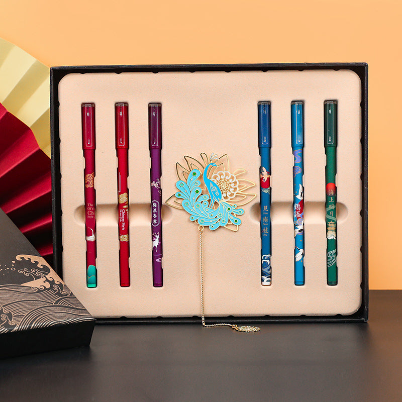 Vintage Exquisite Hollow Folding Fan Metal Bookmark Set Exquisite Tassel Chinese Style Crane Gel Gel Black Fountain Pen