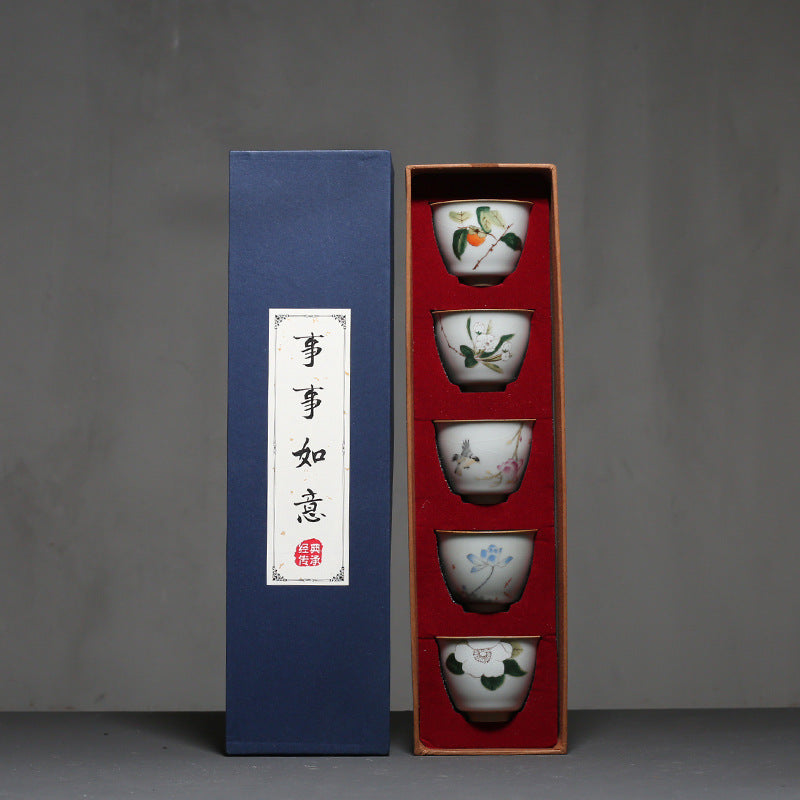 Moon White Ru Kiln Antique Ceramic Kung Fu Teacup Gift Box-4