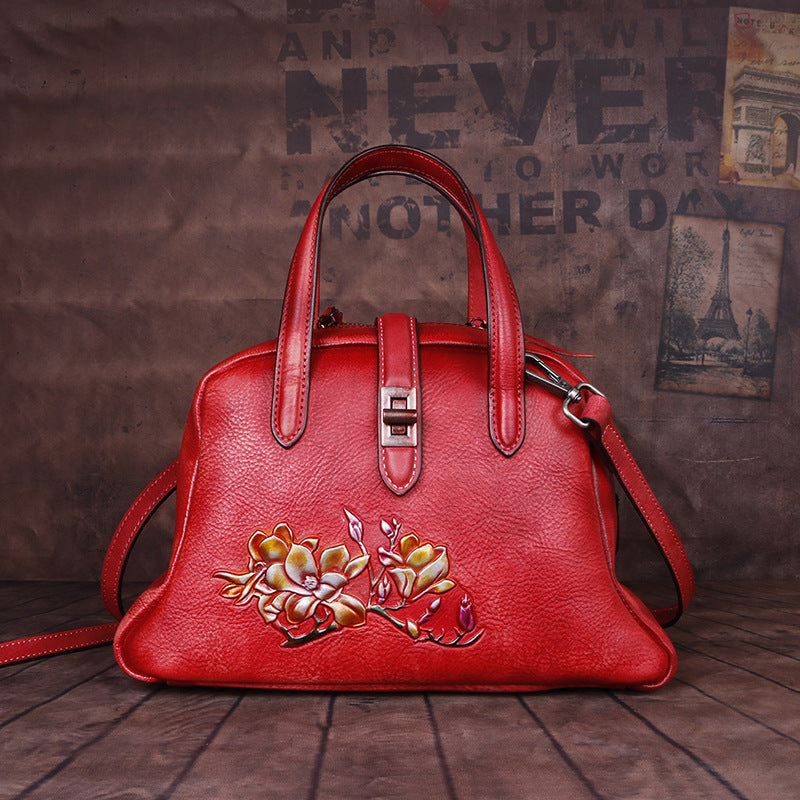 Chinese Style Ladies Top Layer Cowhide Vintage Embossed Handbag