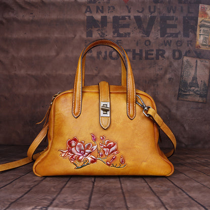 Chinese Style Ladies Top Layer Cowhide Vintage Embossed Handbag