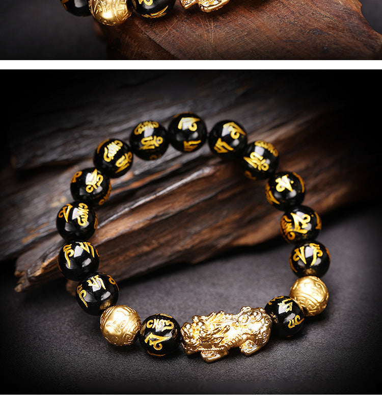 Black Obsidian Wealth Bracelet Adjustable Releases Negative Energies Bracelet with Golden Pi Xiu Lucky Wealthy Amulet Bracelet