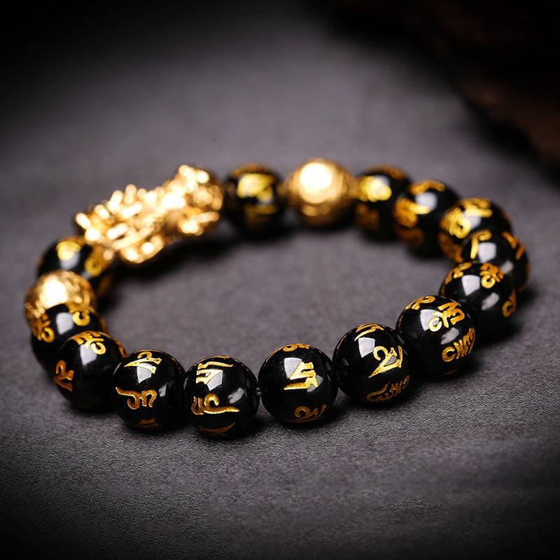 Black Obsidian Wealth Bracelet Adjustable Releases Negative Energies Bracelet with Golden Pi Xiu Lucky Wealthy Amulet Bracelet