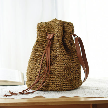 Ethnic Style Drawstring Woven Straw Bag