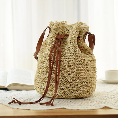 Ethnic Style Drawstring Woven Straw Bag