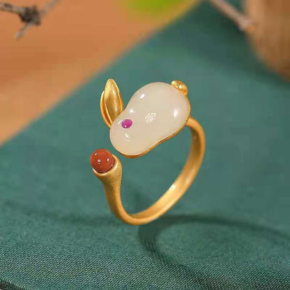 Cute Ring With Hetian Jade Stud Earrings In Sterling Silver