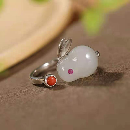 Cute Ring With Hetian Jade Stud Earrings In Sterling Silver