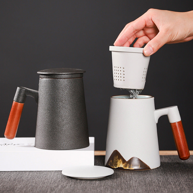 Factory Creative Yuanshan Hand-painted Mug Wooden Handle Ceramic Tea Cup With Lid Filter Three-piece Office Home