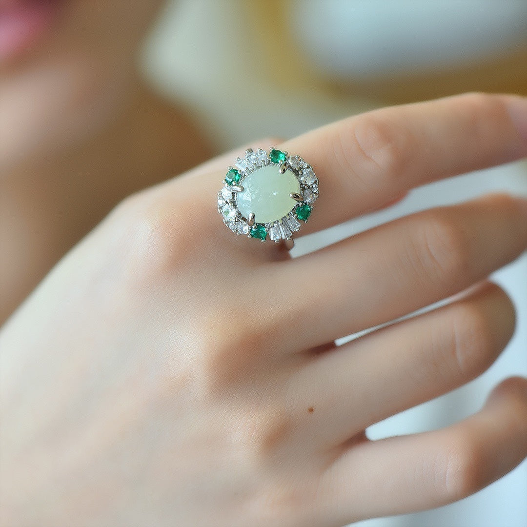 925 Silver White Jade Cabochon Ring Birthday Gift for Wife-1
