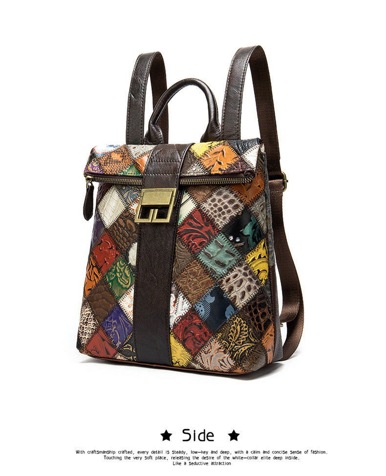 The First Layer Cowhide Ethnic Style Stitching Covered Backpack