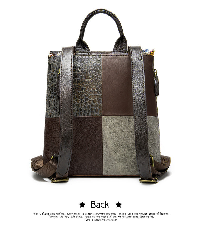 The First Layer Cowhide Ethnic Style Stitching Covered Backpack