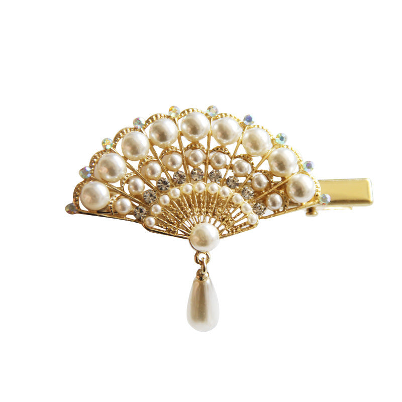 Beauty fan temperament pearl rhinestone hairpin side bangs duckbill clip