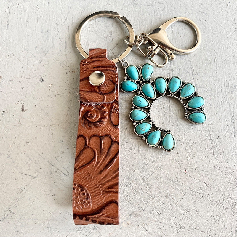 Retro Embossing Cowhide Western Style Turquoise Keychain