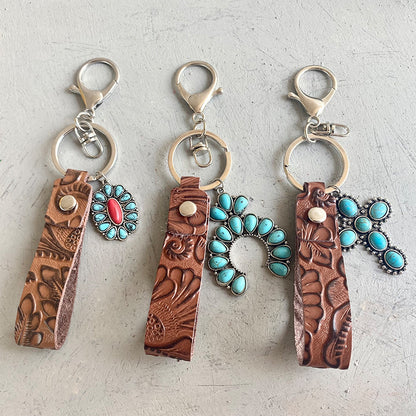 Retro Embossing Cowhide Western Style Turquoise Keychain