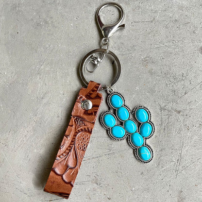 Retro Embossing Cowhide Western Style Turquoise Keychain