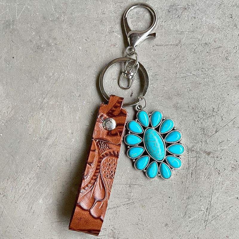 Retro Embossing Cowhide Western Style Turquoise Keychain