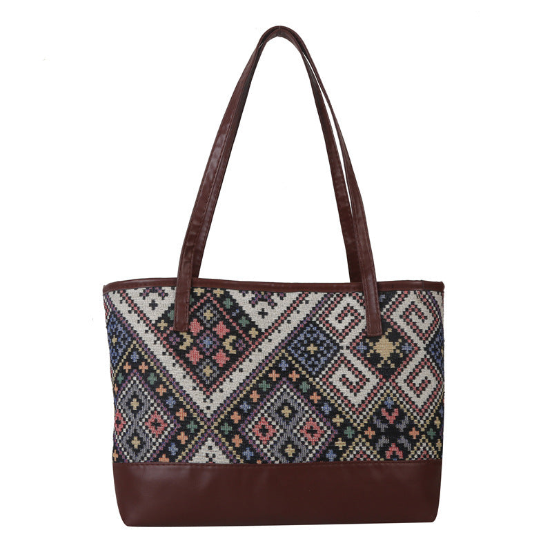 Retro Ethnic Style Casual Contrast Color Shoulder Large Capacity Presbyopic Tote Bag