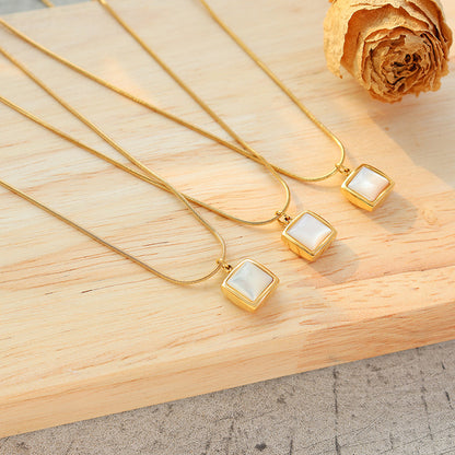 14K Gold Plated Stainless Steel Necklace Square White Jade Pendant Women's Jewelry