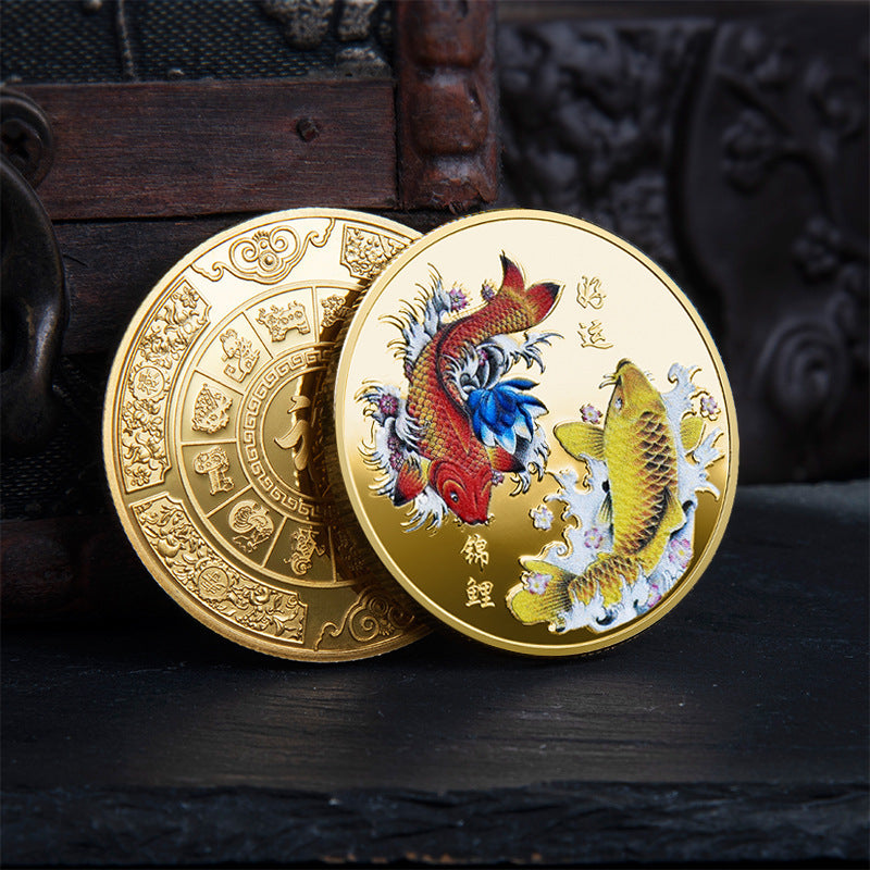 Chinese Style Koi Commemorative Gold And Silver Coin Color Printing