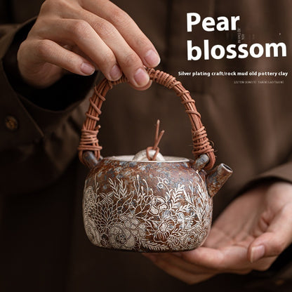 Old Rock Clay Flowers Silver Gilded Rattan Loop-handled Teapot Retro Domestic Teapot Single Teapot Kung Fu Tea Set