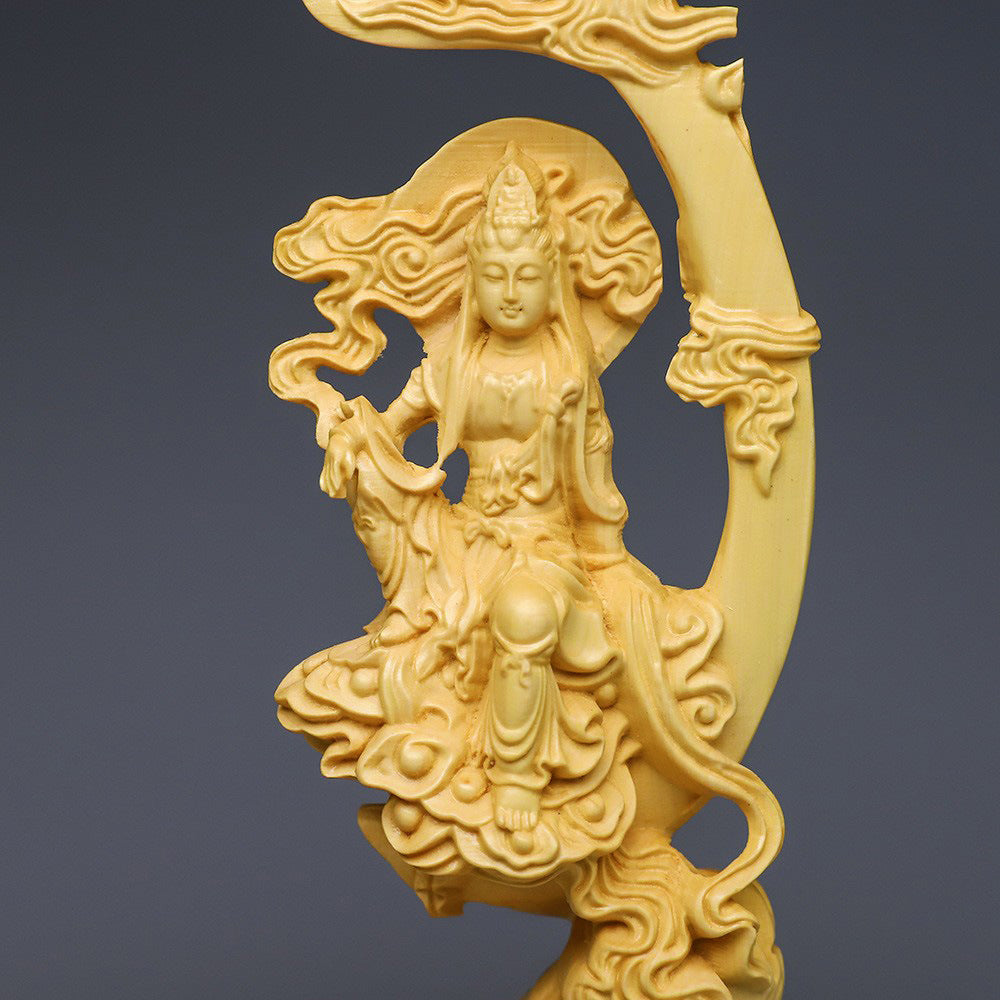 Boxwood Wood Carving Sun and Moon Bodhisattva Home Decoration