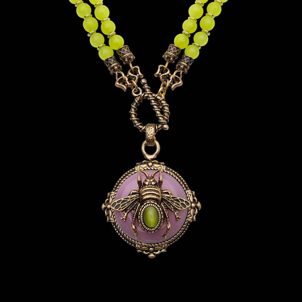 Bee necklace with copper chain and agate beads