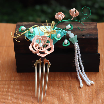 Wrapped Peony Hairpin Mandala Flower Pearl Tassel Step Shaking Hair