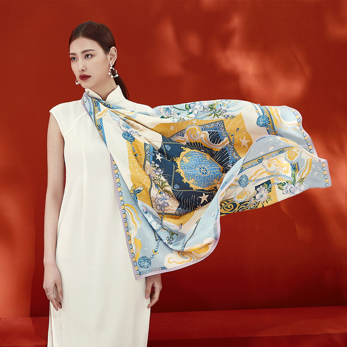 Satin silk square scarf with printed decorative edges