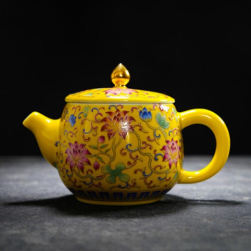 Ceramic Teapot Tender Yellow Glaze Colorful Gold Flower Tea Set