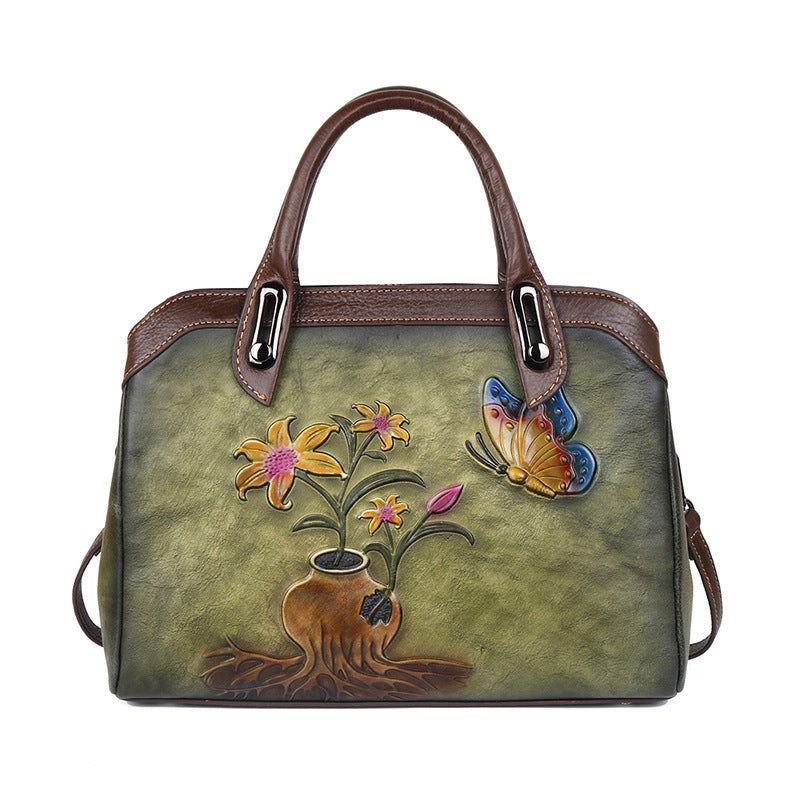 Chinese Style Vintage Flower Leather Handbag