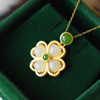 Gold Hetian Jade Inlaid Four Leaf Clover Pendant