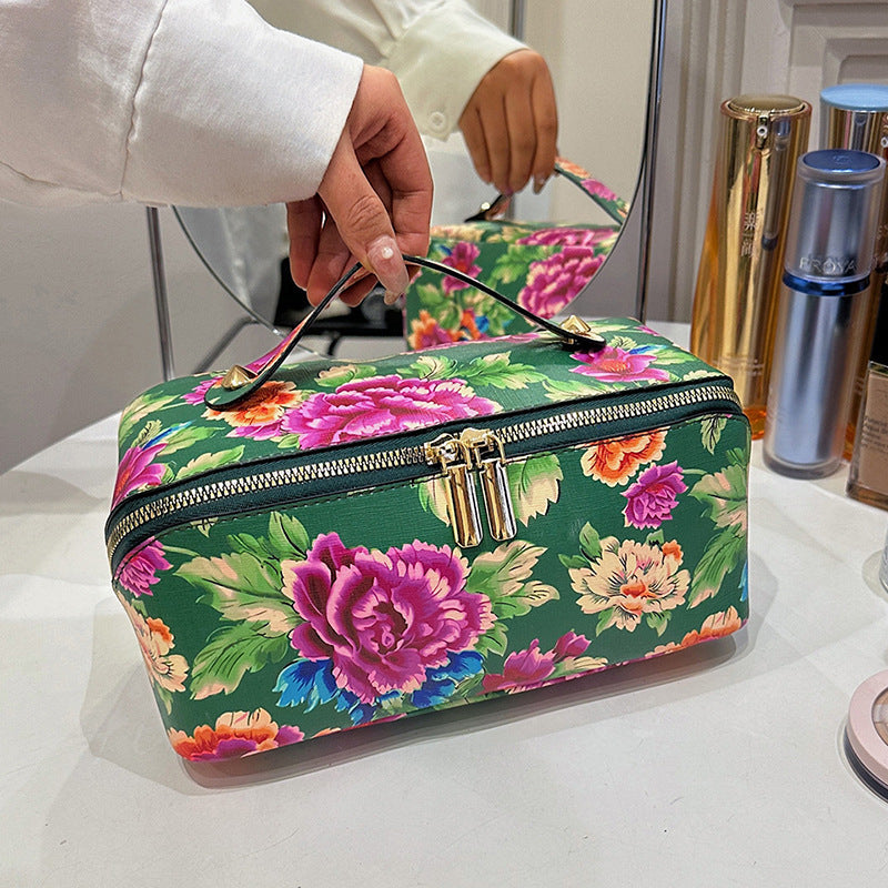 New Chinese style big red flower print cosmetic bag