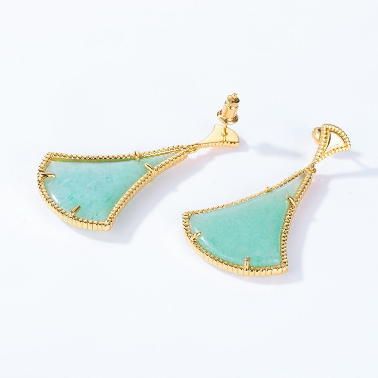 Exaggerated Fan Shaped Green Aventurine Geometric Earrings Women