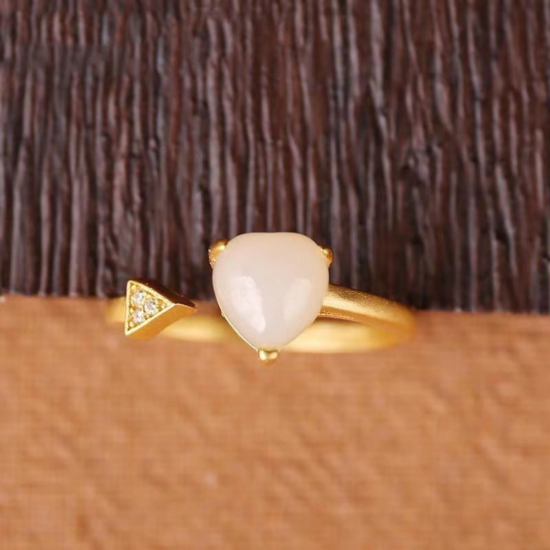 Fresh Hetian Jade Heart-shaped Open Ring Female Minimalist Design White Jade